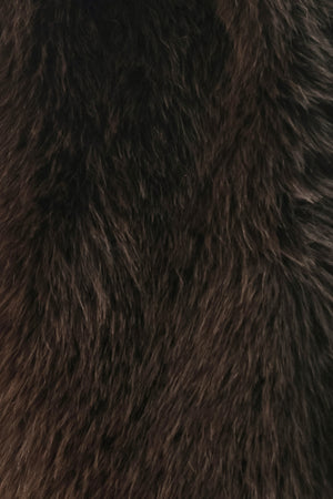 A model wearing a brown faux fur vest over a brown long-sleeve top, paired with wide-leg light blue jeans | FREEMARKET