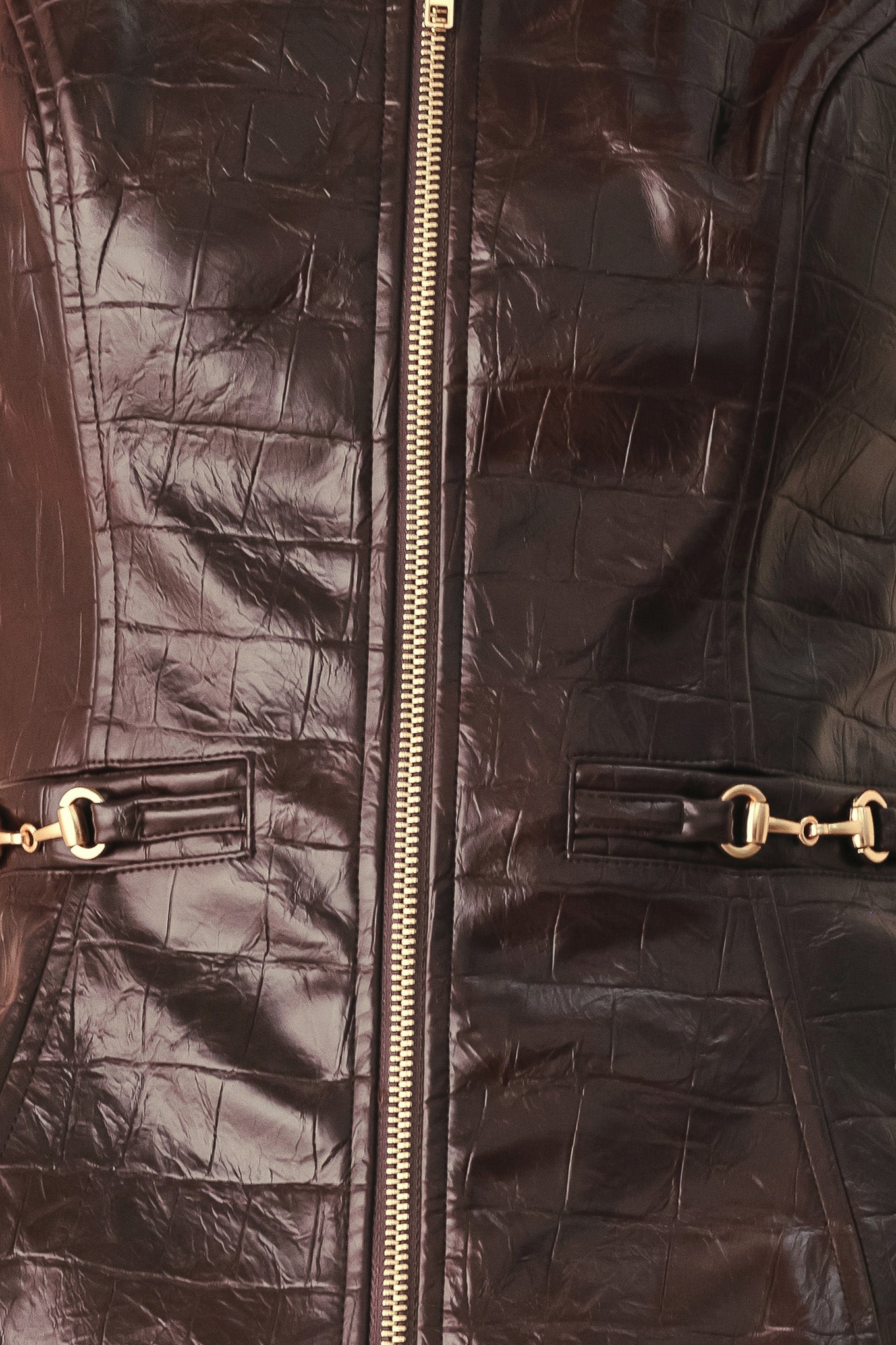 A model wearing a dark brown faux-leather vest with a square neckline, front zipper, and gold-tone hardware details | FREEMARKET