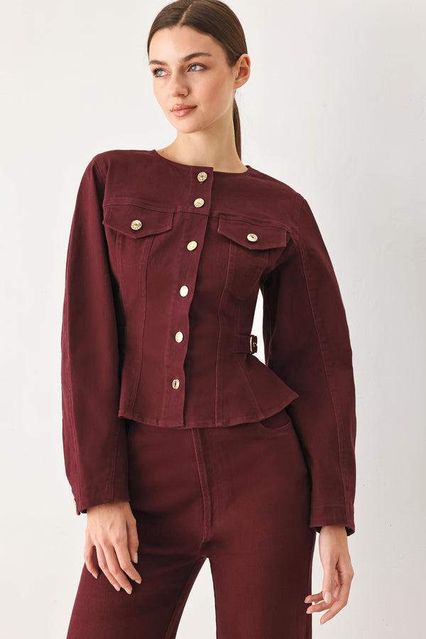 Woman wearing a long-sleeve jacket in deep burgundy with gold-tone buttons | FREEMARKET