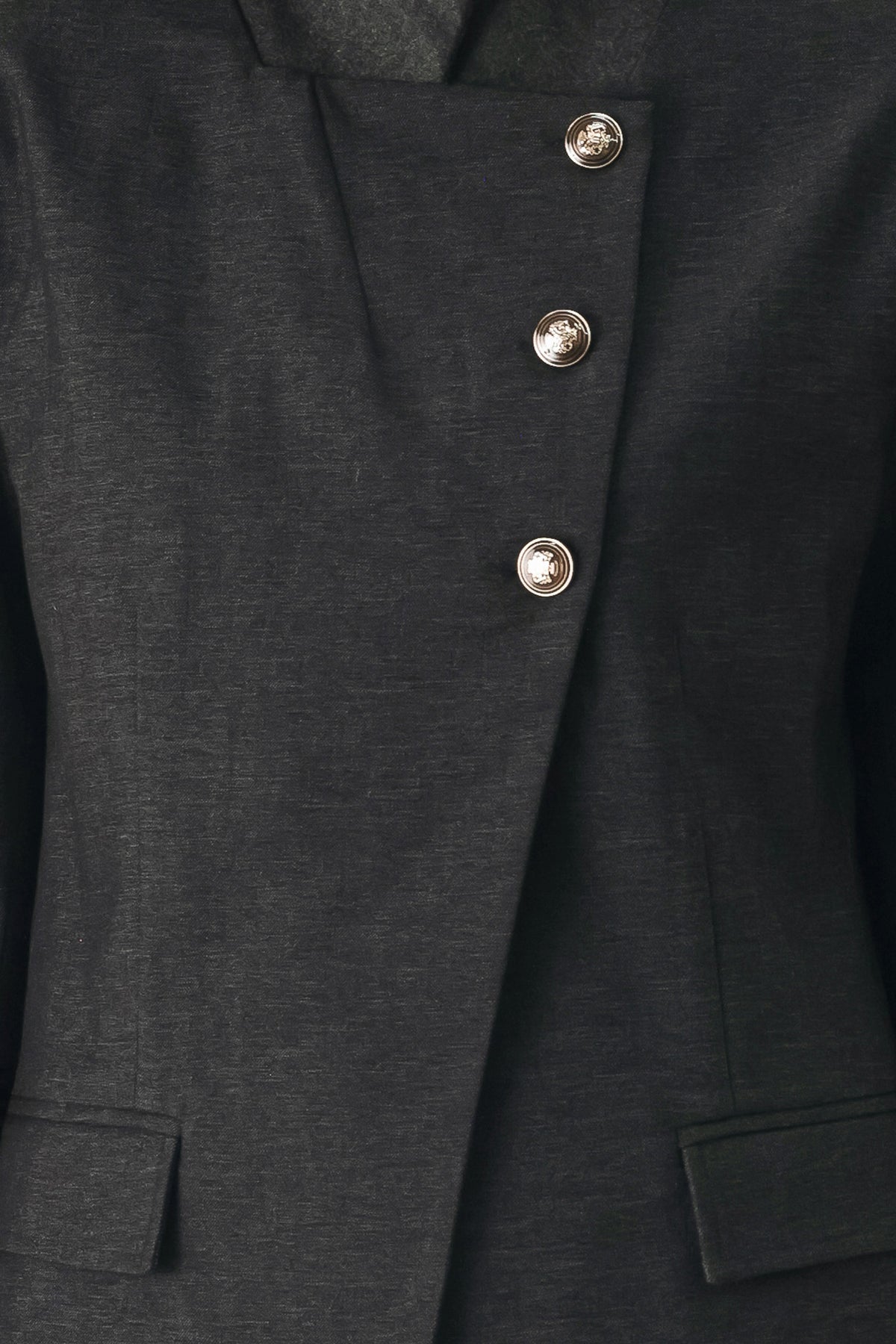 Woman wearing a black blazer military jacket with three buttons and faux pockets | FREEMARKET