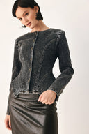 A model wearing a dark gray washed denim jacket with decorative button details down the front | FREEMARKET
