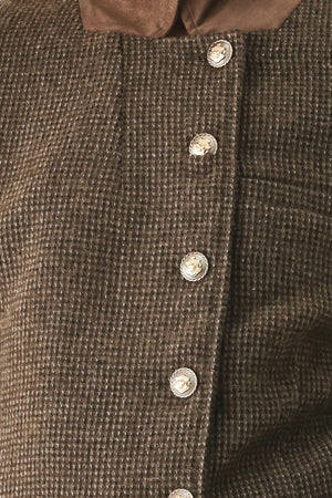 A model wearing a brown textured tweed jacket with a contrasting solid brown collar and decorative gold-tone buttons | FREEMARKET