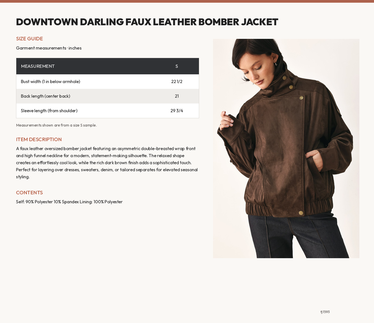 DOWNTOWN DARLING FAUX LEATHER BOMBER JACKET size chart