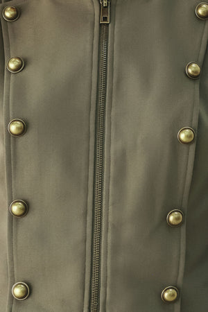 A model wearing an olive green military-style cropped jacket top with gold-tone double-breasted buttons, a front zipper, and a high mock neck | FREEMARKET
