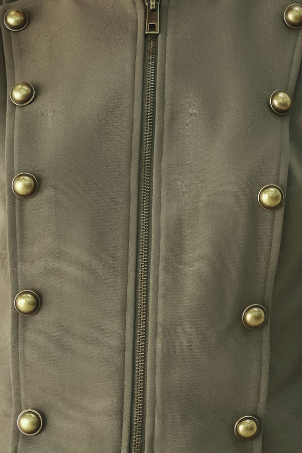 A model wearing an olive green military-style cropped jacket top with gold-tone double-breasted buttons, a front zipper, and a high mock neck | FREEMARKET