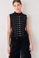 Model wearing a black velvet mandarin neck vest with military style stitching | FREEMARKET