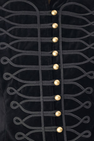 Model wearing a black velvet mandarin neck vest with military style stitching | FREEMARKET