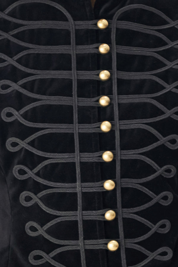 Model wearing a black velvet mandarin neck vest with military style stitching | FREEMARKET