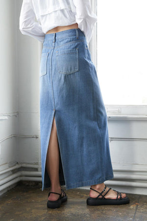 A LEAP OF FAITH MIDI DENIM SKIRT.