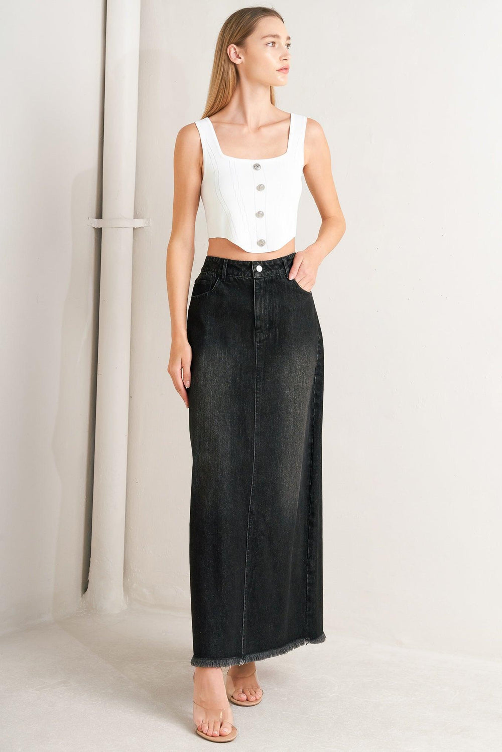 TALK ABOUT BEAUTY DENIM MIDI SKIRT.