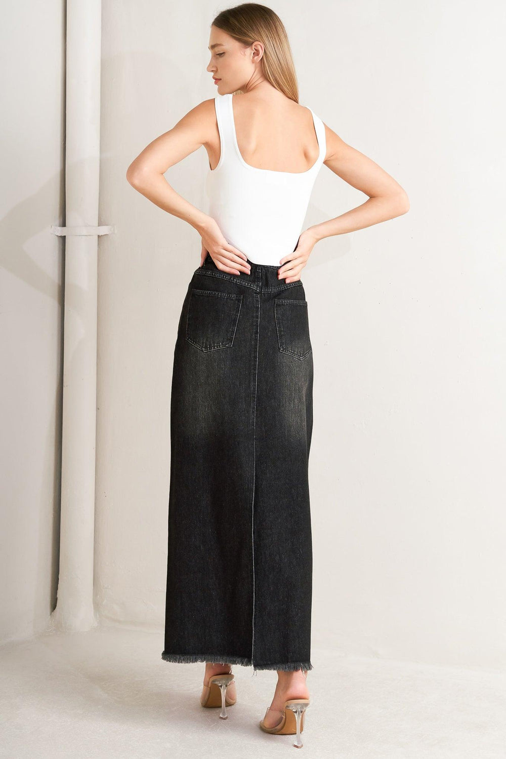 TALK ABOUT BEAUTY DENIM MIDI SKIRT.