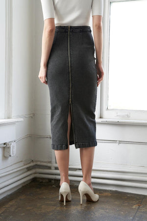 SUNKISSED BY SUNSET DENIM MIDI SKIRT.