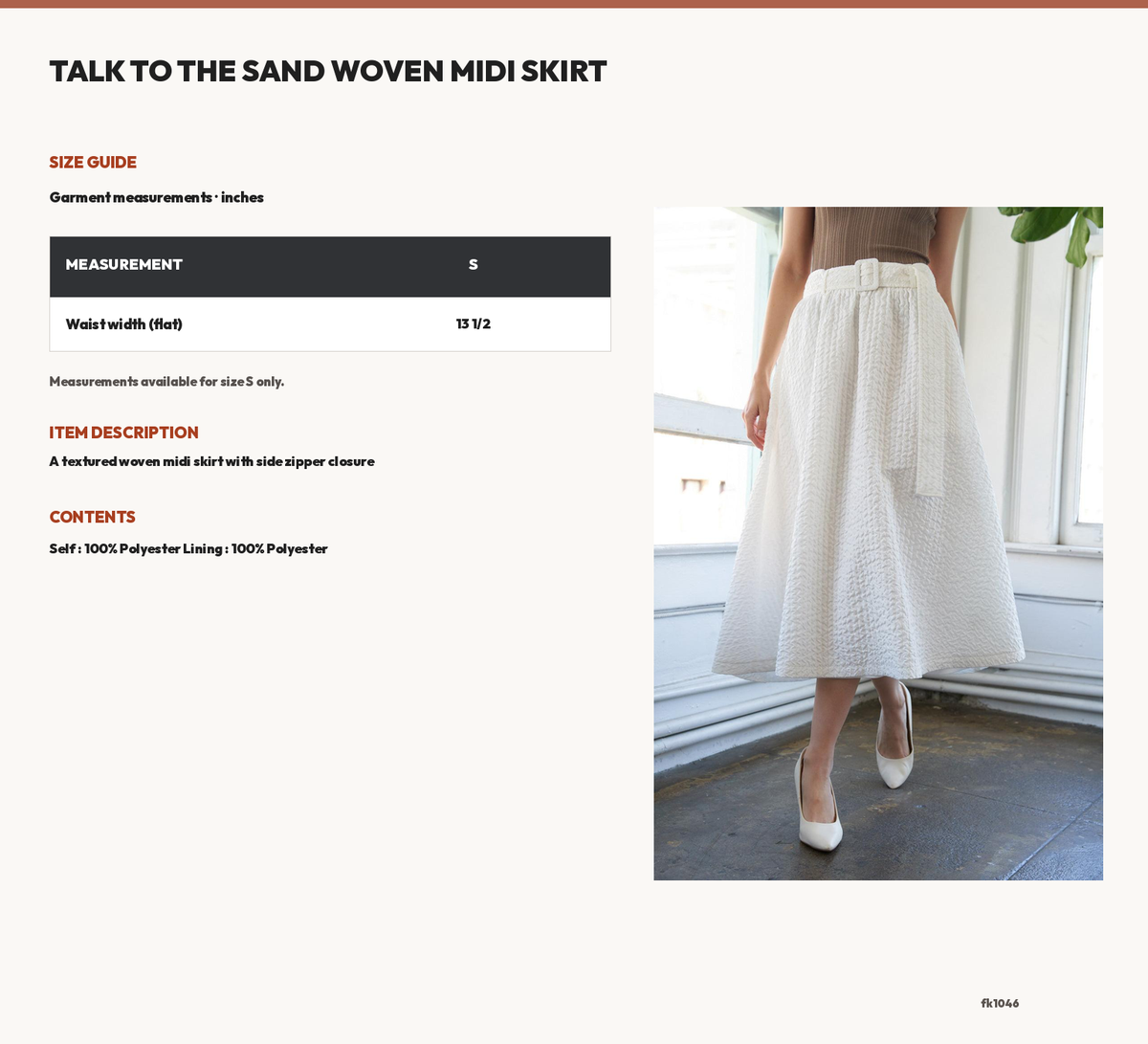 TALK TO THE SAND WOVEN MIDI SKIRT size chart