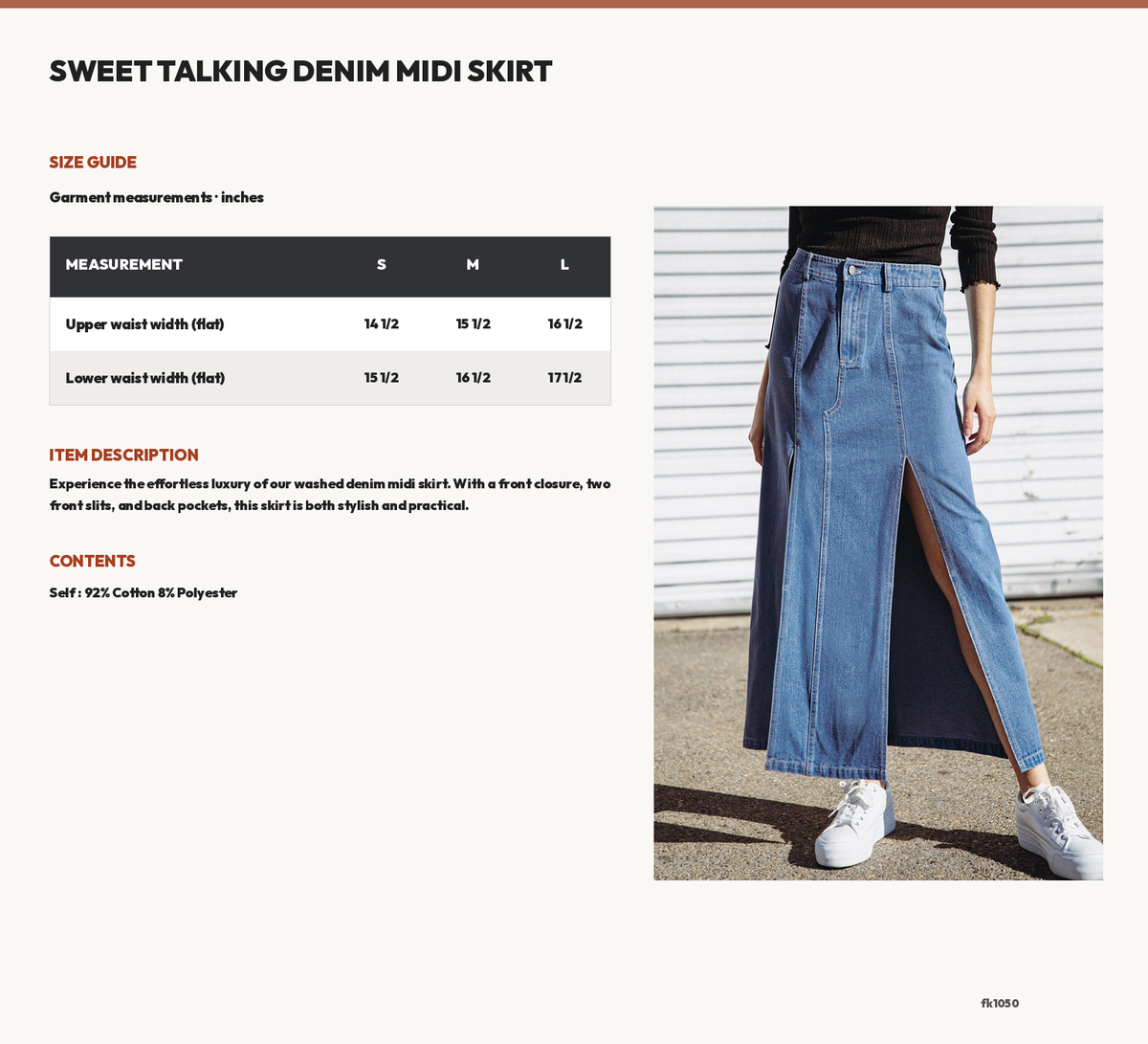 SWEET TALKING DENIM MIDI SKIRT size chart