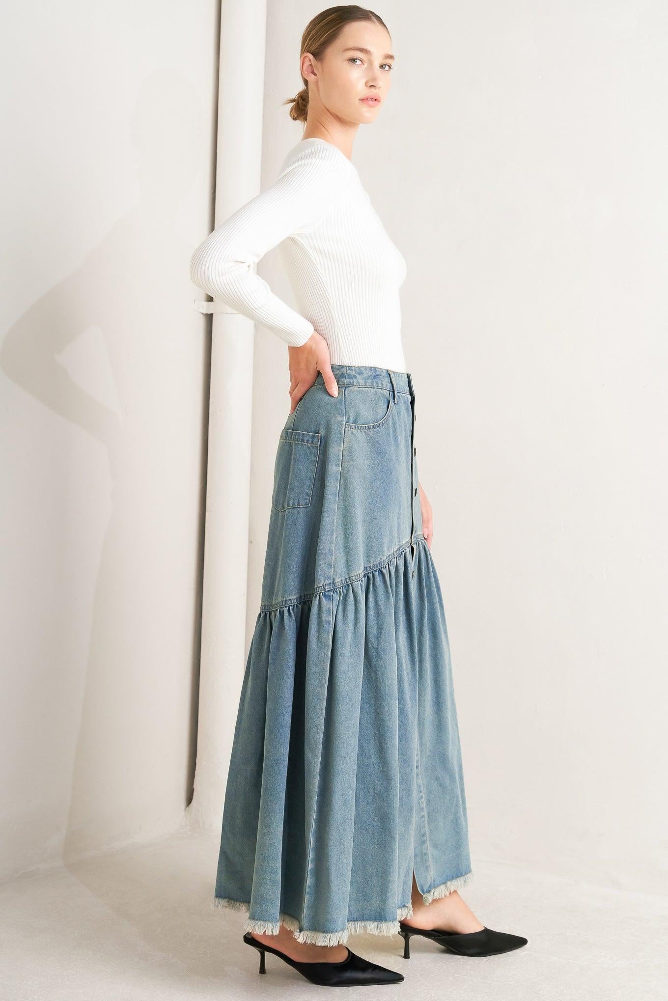 INTRICATE CHARM DENIM MIDI SKIRT l FREEMARKET – Flying Tomato
