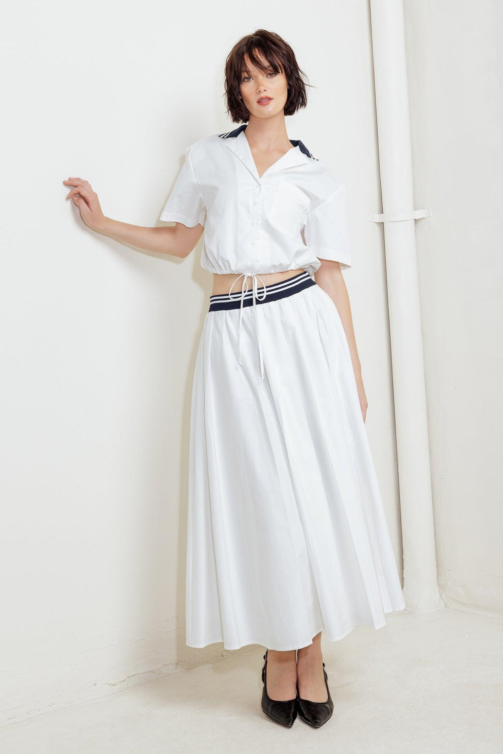 COASTAL COLLAR WOVEN MIDI SKIRT.