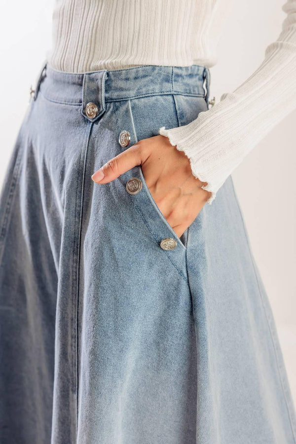 AT FIRST GLANCE DENIM MIDI SKIRT.