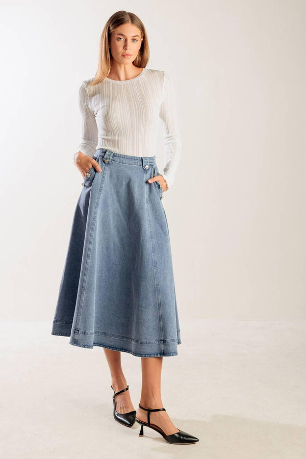 AT FIRST GLANCE DENIM MIDI SKIRT.