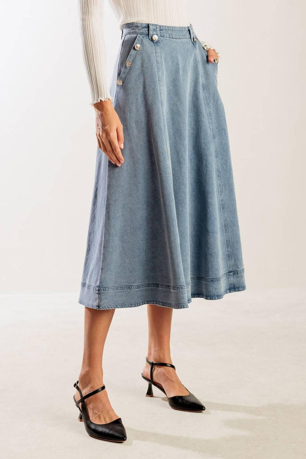 AT FIRST GLANCE DENIM MIDI SKIRT.