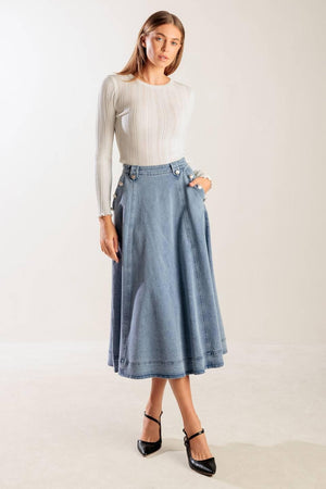 AT FIRST GLANCE DENIM MIDI SKIRT.