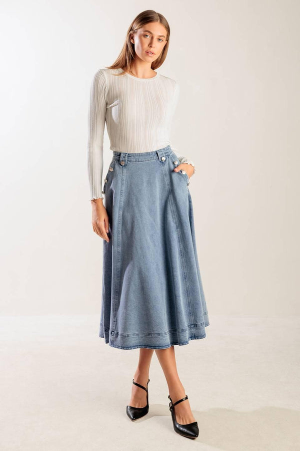 AT FIRST GLANCE DENIM MIDI SKIRT.