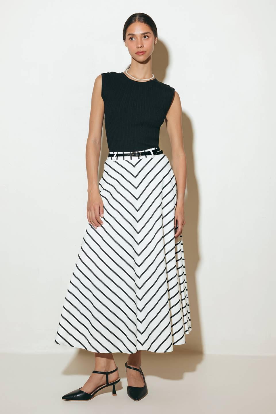 A striped woven midi skirt featuring belt and side zipper closure