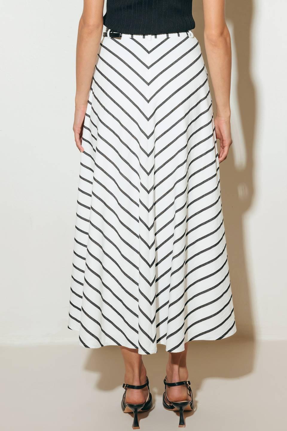 A striped woven midi skirt featuring belt and side zipper closure