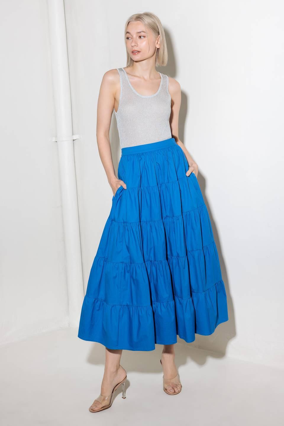 SIMPLY SPELLBOUND BLUE WOVEN FULL MIDI SKIRT.