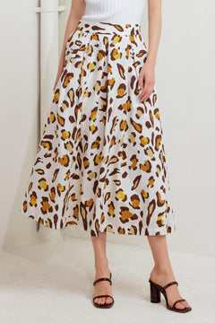 A printed woven full skirt with side zipper closure