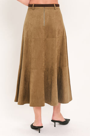 A brown suede-like midi skirt with a front zipper, shown on a model from the waist down | Freemarket 