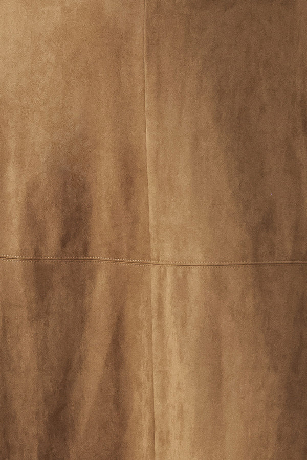 A camel brown suede midi skirt with a matching brown belt, worn by a model | FREEMARKET
