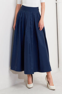 LUXE FLARE WOVEN PLEATED MIDI SKIRT.