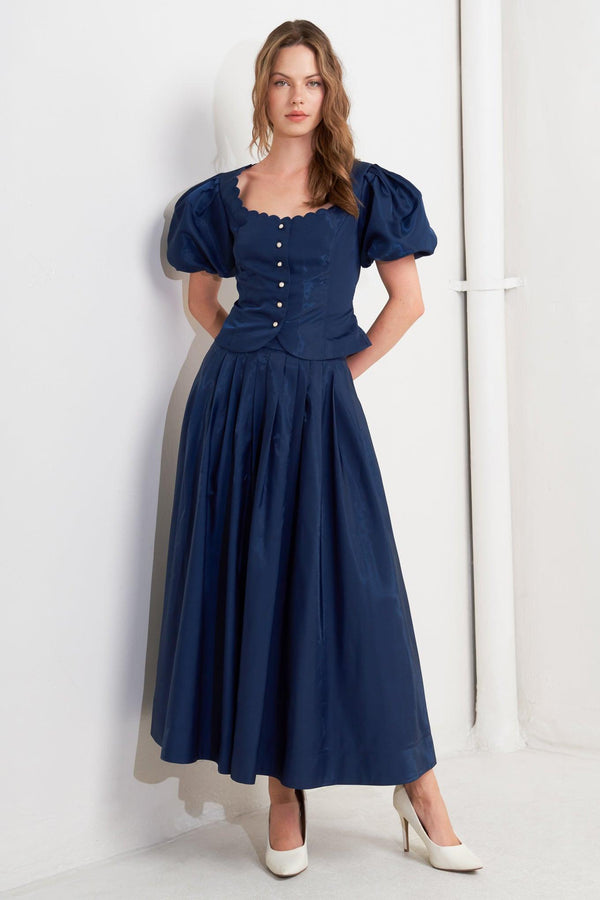 LUXE FLARE WOVEN PLEATED MIDI SKIRT.
