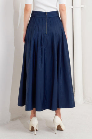 LUXE FLARE WOVEN PLEATED MIDI SKIRT.