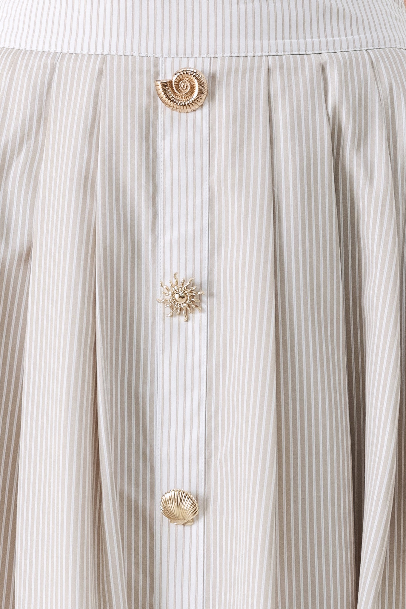 Close up of a taupe and white striped woven midi skirt with front button detail, box pleats and back zipper closure | FREEMARKET