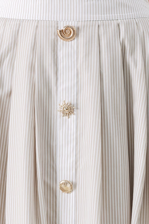 Close up of a taupe and white striped woven midi skirt with front button detail, box pleats and back zipper closure | FREEMARKET