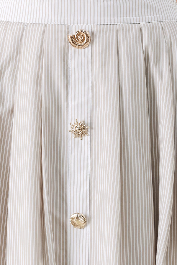 Close up of a taupe and white striped woven midi skirt with front button detail, box pleats and back zipper closure | FREEMARKET