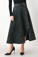 A model wearing a high-waisted, dark gray washed denim midi skirt with a decorative studded belt | FREEMARKET
