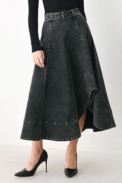 A model wearing a high-waisted, dark gray washed denim midi skirt with a decorative studded belt | FREEMARKET