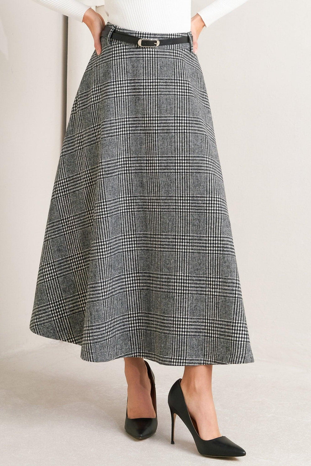 CITY CHECKLINE WOOLEN WOVEN MIDI SKIRT.