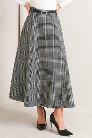CITY CHECKLINE WOOLEN WOVEN MIDI SKIRT.