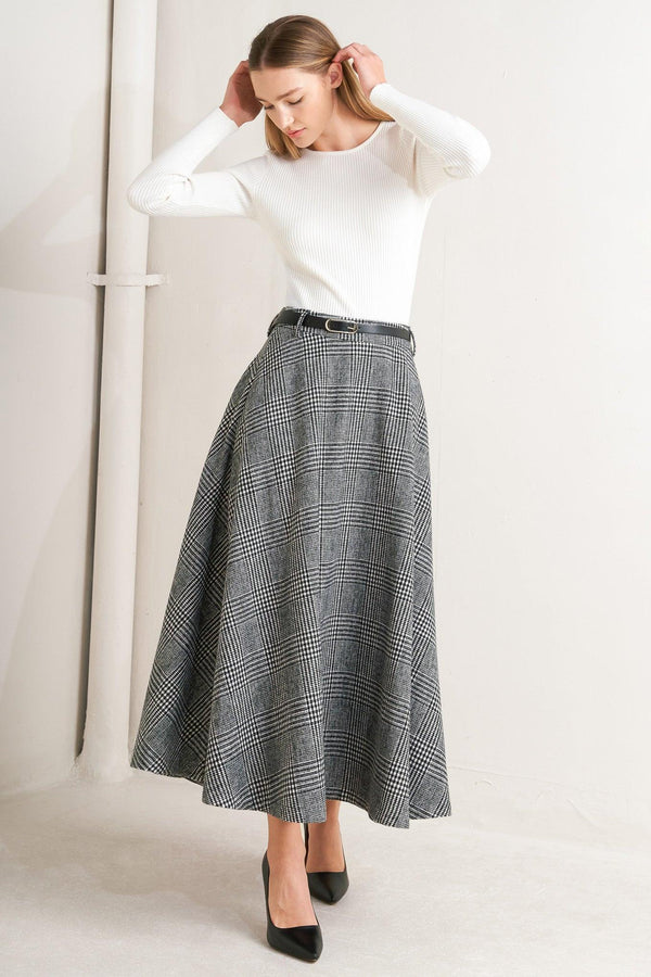 CITY CHECKLINE WOOLEN WOVEN MIDI SKIRT.