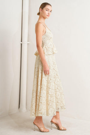 A woven lace circle midi skirt with back zipper closure

Details:

Self: 65% Cotton 35% Nylon

Lining: 100% Cotton

Size & Fit

-Model is 5`8" And Wearing Size Small
-Measurements Taken From Size Small
-Approx. Length: 37"