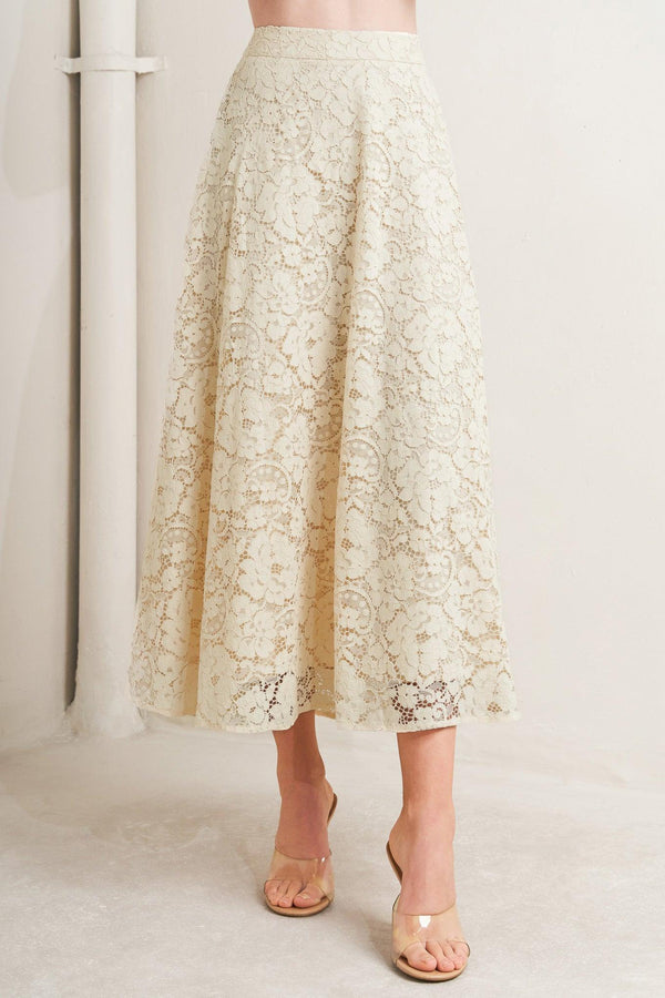 A woven lace circle midi skirt with back zipper closure

Details:

Self: 65% Cotton 35% Nylon

Lining: 100% Cotton

Size & Fit

-Model is 5`8" And Wearing Size Small
-Measurements Taken From Size Small
-Approx. Length: 37"