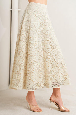 A woven lace circle midi skirt with back zipper closure

Details:

Self: 65% Cotton 35% Nylon

Lining: 100% Cotton

Size & Fit

-Model is 5`8" And Wearing Size Small
-Measurements Taken From Size Small
-Approx. Length: 37"