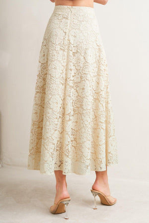 A woven lace circle midi skirt with back zipper closure

Details:

Self: 65% Cotton 35% Nylon

Lining: 100% Cotton

Size & Fit

-Model is 5`8" And Wearing Size Small
-Measurements Taken From Size Small
-Approx. Length: 37"