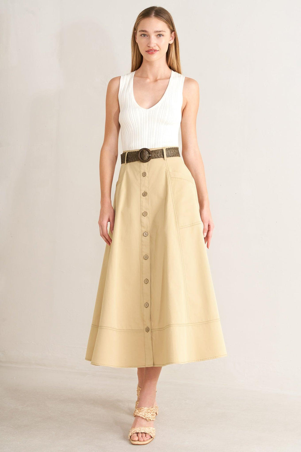 SAND BREEZE WOVEN MIDI SKIRT.
