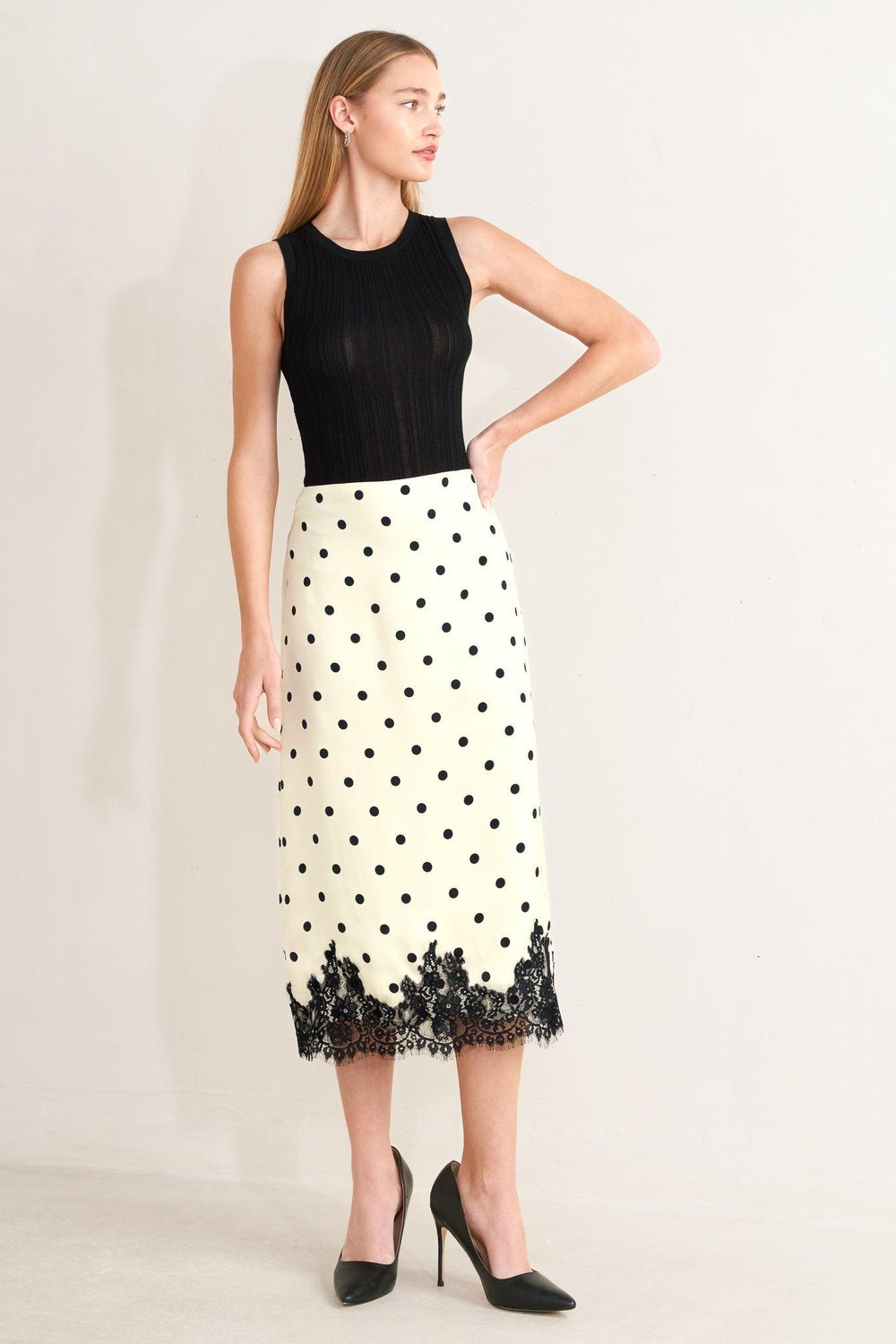 PARIS POLKA WOVEN MIDI PENCIL SKIRT.