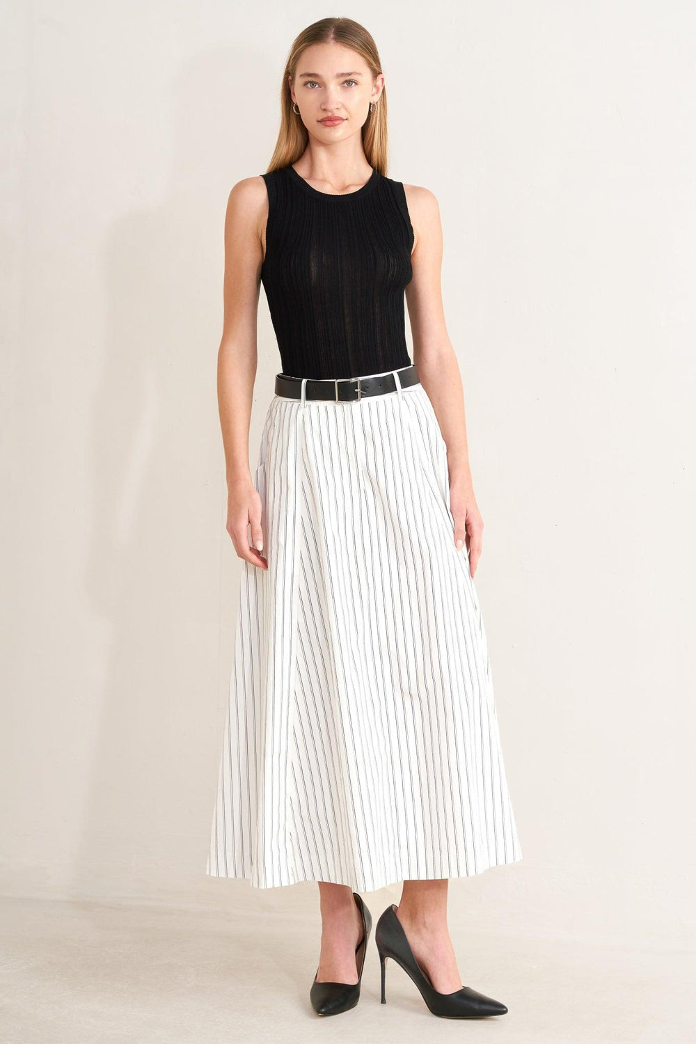UPTOWN STRIPE WOVEN MDI CIRCLE SKIRT.