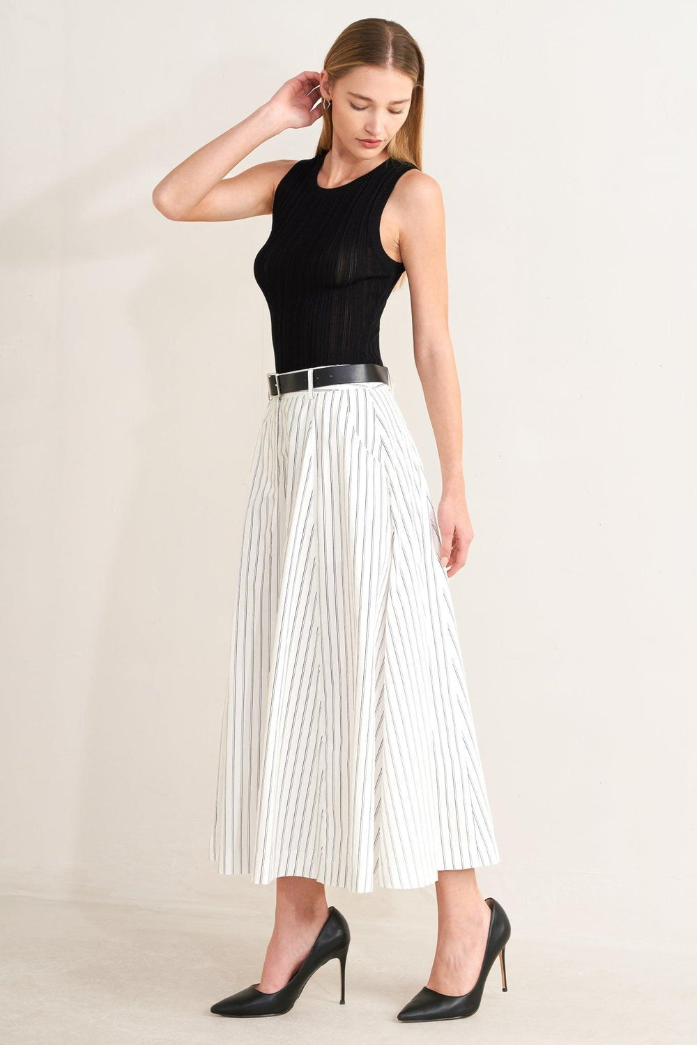 UPTOWN STRIPE WOVEN MDI CIRCLE SKIRT.